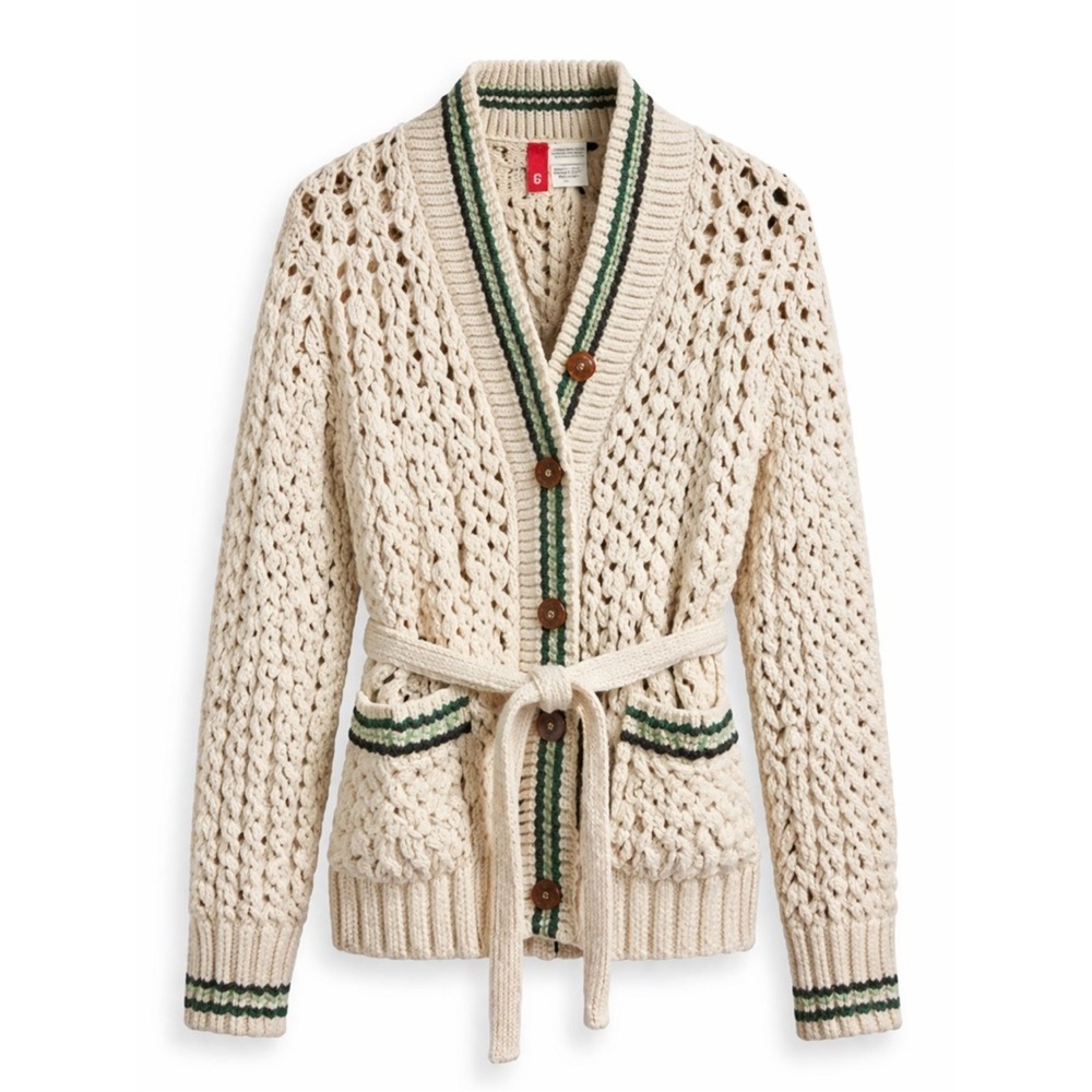 H&M Divided Cream Thick Knit Cardigan with Green Accents